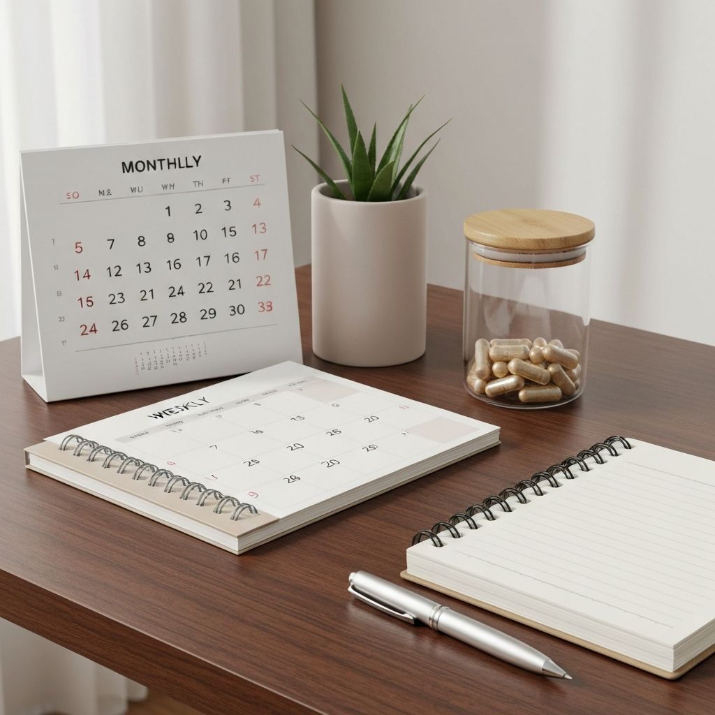 Schreibtisch mit Kalender, Notizbuch, Supplementdose und Stift