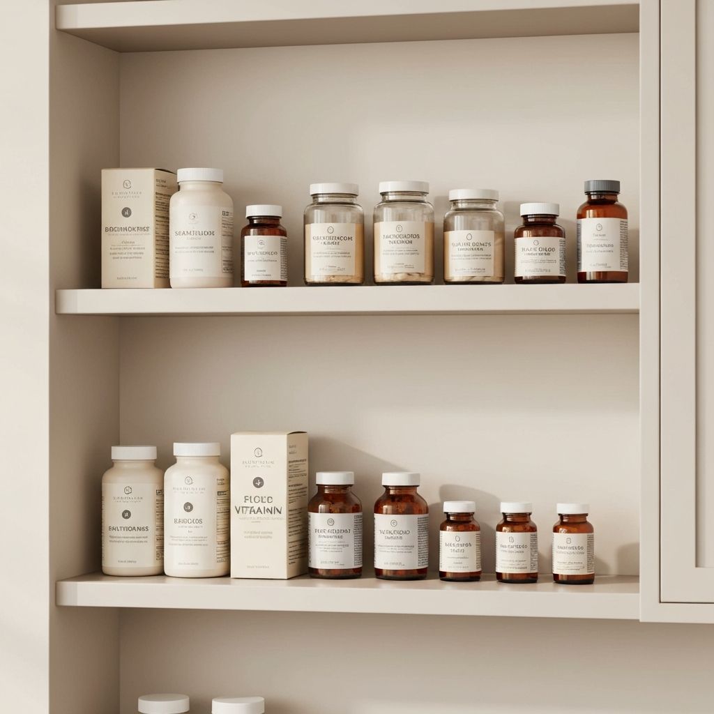 Organisiertes Küchenregal mit Supplementdosen und Boxen